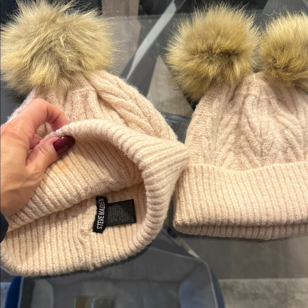 Steve Madden Mommy & Me Light Pink Knit Beanie with Pom-Poms